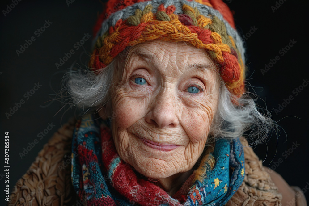 Stylish older white woman in colorful hat and scarf with smile, striking portrait for advertising