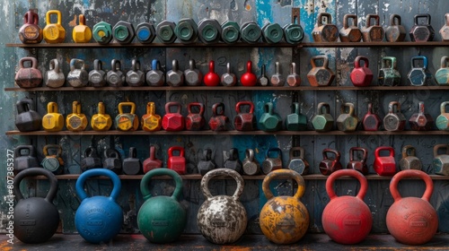 gym background with organized dumbbells and kettlebells, representing fitness and strength training photo