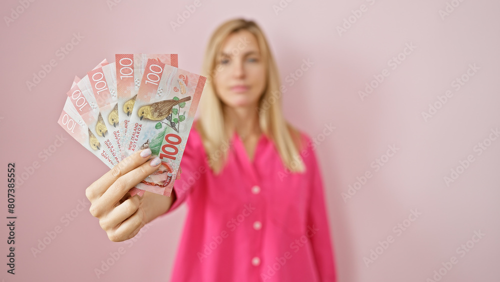 Young blonde woman in pink blouse holding new zealand currency against a plain background. Young blonde woman in pink blouse holding new zealand currency against a plain background.