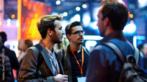 Group of attendees standing and networking around a bustling convention hall during a tech conference or expo showcasing innovation photo