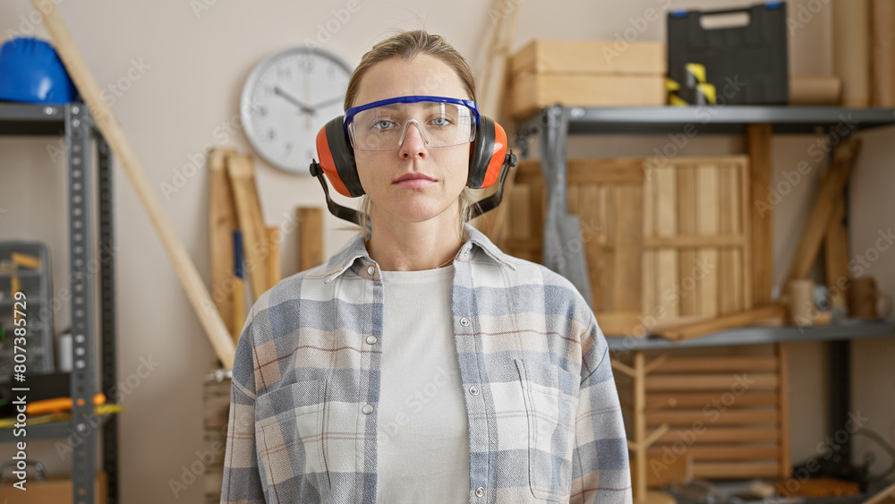 Caucasian woman with safety glasses and earmuffs standing confidently in a woodworking workshop.