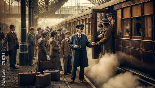 Steam Train Conductor Helping Passengers Board at Bustling Station, Early 20th Century Vintage Travel Scene photo