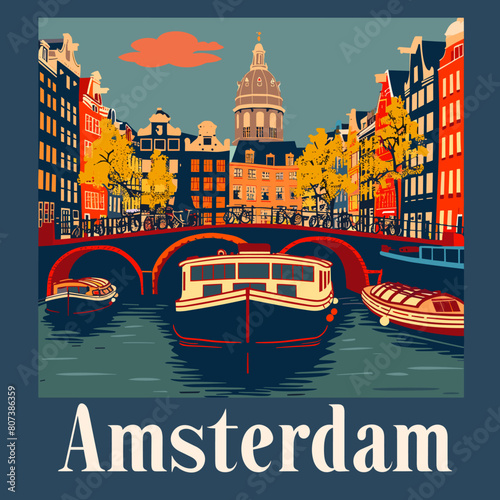 A colorful poster of Amsterdam with boats on the water. The poster is blue and red
