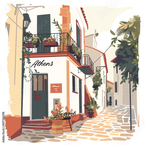A street scene with a building that says Athens on it. The building has a balcony and a sign on it