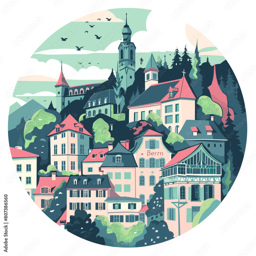 A colorful drawing of a city with a church and a building that says Berne. The drawing has a peaceful and serene mood, with the buildings and trees creating a sense of calm A colorful drawing of a city with a church and a building that says Berne. The drawing has a peaceful and serene mood, with the buildings and trees creating a sense of calm