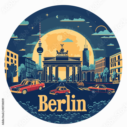 Berlin is a city with a lot of cars and a big building. The city is at night and the moon is in the sky