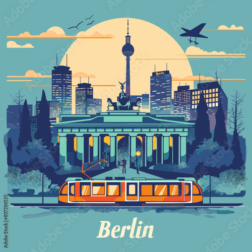 A colorful drawing of Berlin with a train and a plane flying in the sky. The city is depicted with a large clock tower and a statue