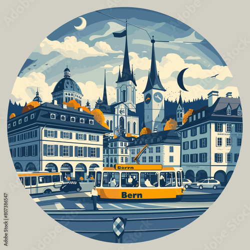 A city scene with a yellow bus labeled Bern. The city is bustling with activity, with cars and pedestrians on the streets. The buildings are tall and majestic, and the sky is cloudy