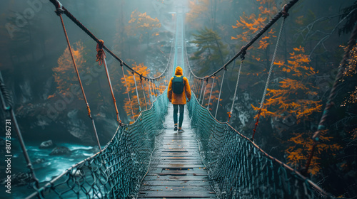 Person walking across suspension bridge in forest photo