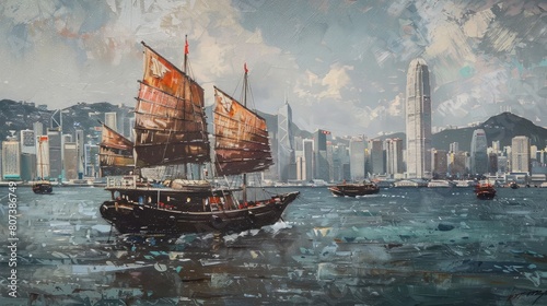 Hong Kong harbour with junk boat photo