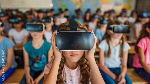 Group of schoolchildren in a school class are sitting during a lesson wearing virtual reality glasses. Concept of VR technology and Futuristic education. © Karim Boiko