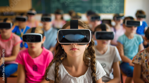 Group of schoolchildren in a school class are sitting during a lesson wearing virtual reality glasses. Concept of VR technology and Futuristic education. © Karim Boiko