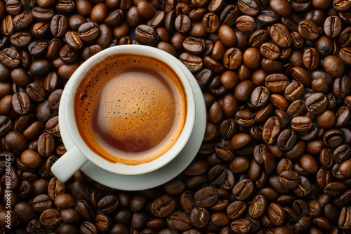 Mug with espresso on coffee beans. Top angle, copy space.  © Karim Boiko