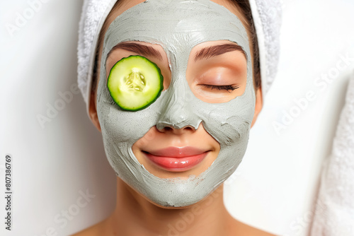 Beautiful woman with cucumber slices on her eyes and face mask on a white background. Rejuvenation and skin care concept. © Karim Boiko