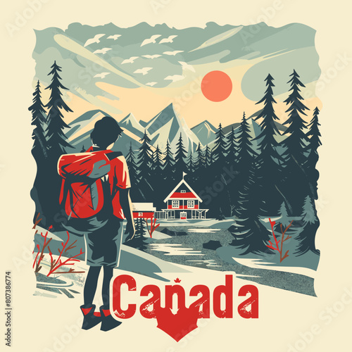 A man is walking in the woods with a backpack. Canada is in the background. The man is looking at the camera