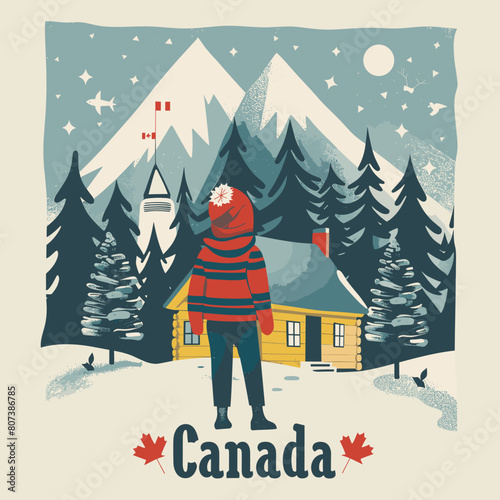 A person is standing in front of a cabin in Canada. The cabin is surrounded by trees and mountains