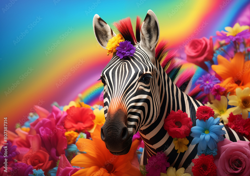 zebra with rainbow flowers zebra with rainbow flowers