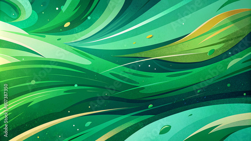 Abstract green waves pattern with dynamic swirls and golden speckles on a textured background     modern digital art illustration.