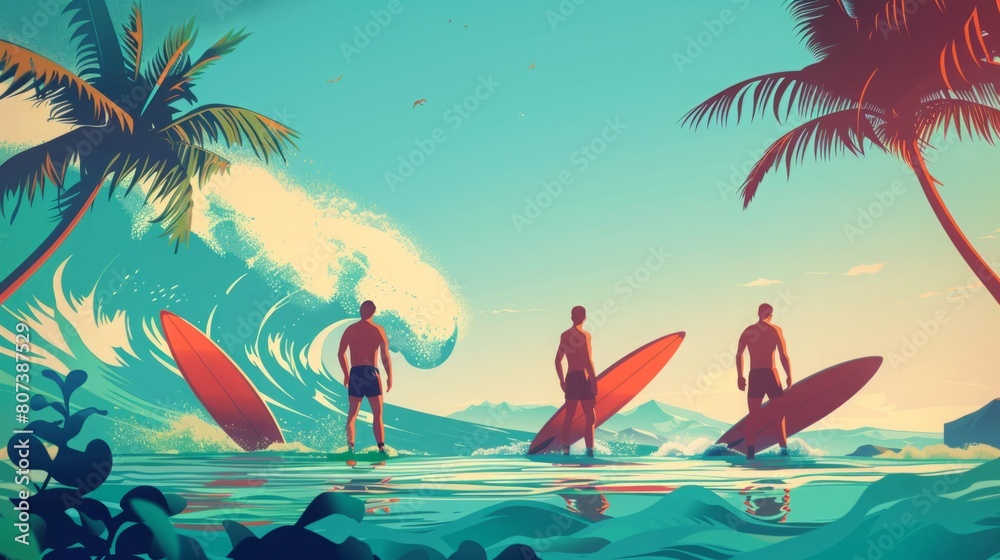 Three surfers are standing waist-deep in the water, each holding their surfboards, preparing to catch waves.