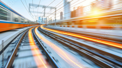 A train is speeding down a track with orange and white streaks