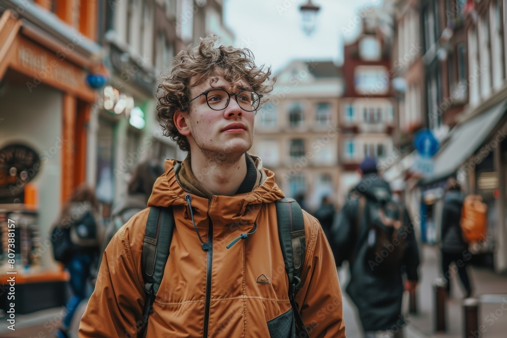 candid photo of caucasian young guy in the street of European city. Tourism and study abroad agency banner. candid photo of caucasian young guy in the street of European city. Tourism and study abroad agency banner.