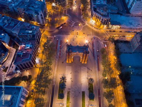 Picturesque evening panoramic view of Barcelona with Triumphal Arch - one of city iconic landmarks, Spain