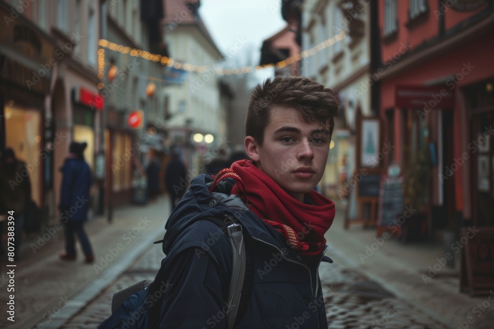 Fototapeta premium candid photo of caucasian young guy in the street of European city. Tourism and study abroad agency banner. User persona. 