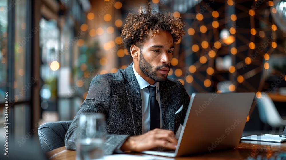 Fototapeta premium Professional Businessman Concentrating on Laptop in Stylish Cafe with Geometric Light Patterns.