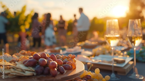 Outdoor wine tasting event at sunset with guests and catering. Social gathering and celebration concept. Warm atmosphere for invitation design.