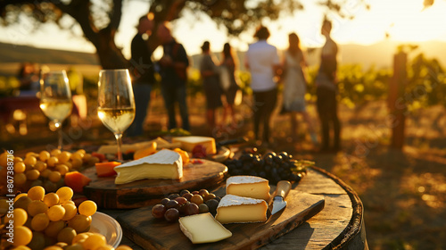 Sunset gathering at a vineyard with wine glasses and cheese board. Summer vineyard event and wine tasting concept. Golden hour with copy space for design.