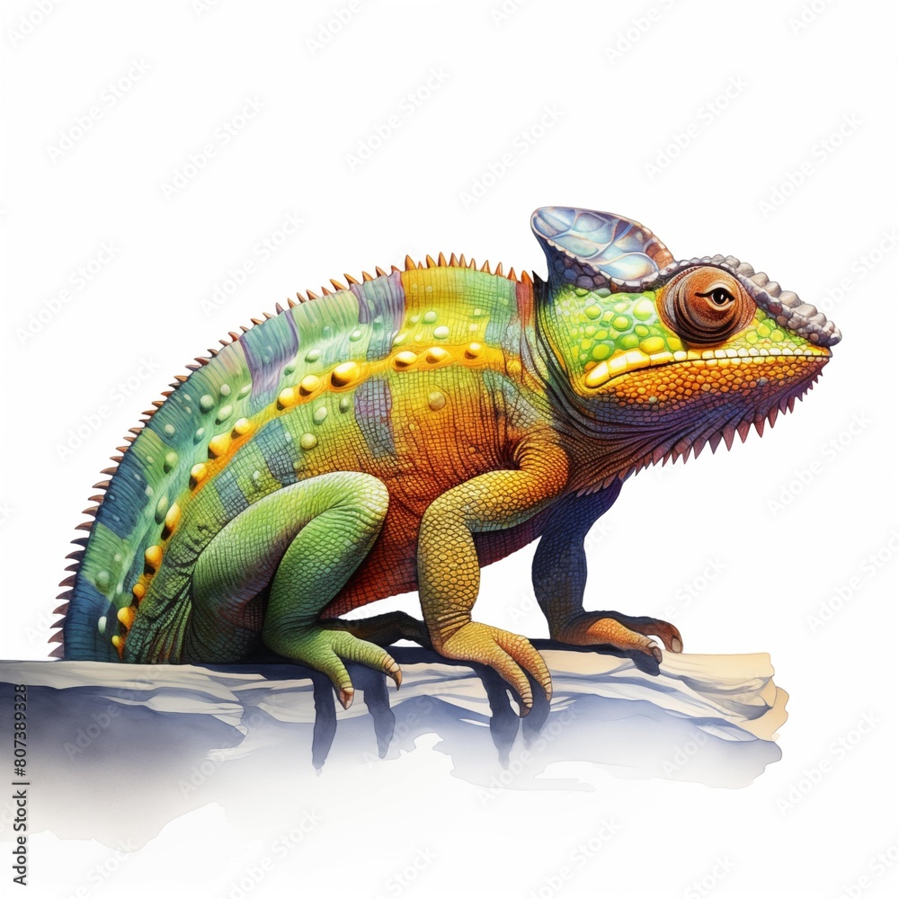Fototapeta premium Chameleon. Tropical reptiles clipart. Watercolor illustration. Generative AI. Detailed illustration.