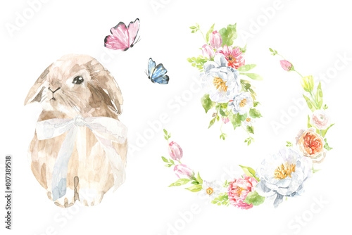 Spring easter bunny with easter eggs, spring floral wreath, botanical ester clipart, animal, duck, peony flower, tulip, roses,butterflies,   cute baby shower flowers green clipart, greeting card, rsvp