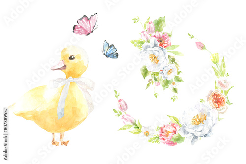 Spring easter duck with easter eggs, spring floral wreath, botanical ester clipart, animal, duck, peony flower, tulip, roses,butterflies,   cute baby shower flowers green clipart, greeting card, rsvp