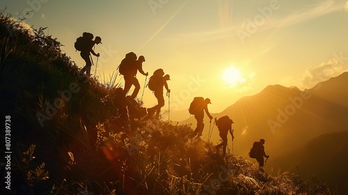 Group of Asia hiking help each other silhouette in mountains with sunlight.