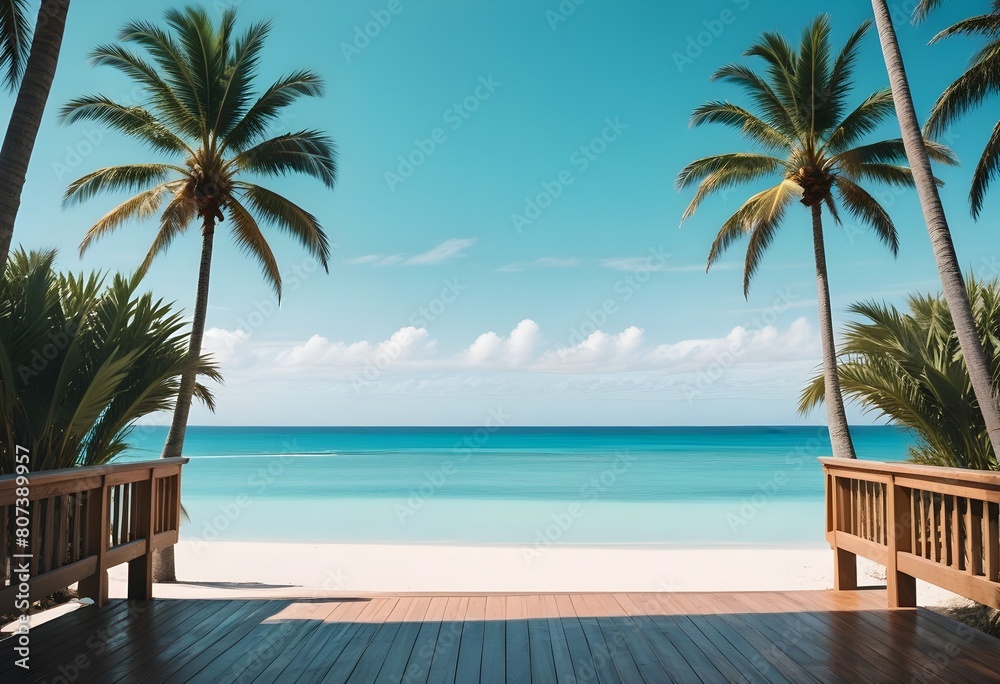 A tropical beach scene with a wooden deck overlooking a calm, turquoise ocean. Two palm trees frame the view on either side