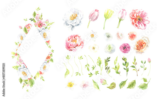 Spring Easter floral wreath, botanical ester clipart, single elements, flowers, peony flower, tulip, roses,butterflies, cute baby shower flowers green clipart, greeting card, rsvp