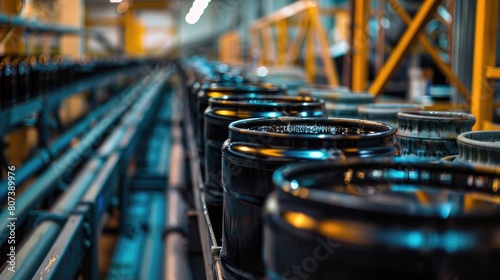 Large barrels of chemical solvent lined up in an assembly line used for the cleaning process in the production of solar panels. . . photo