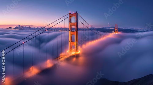 Golden Gate at dawn surrounded by fog