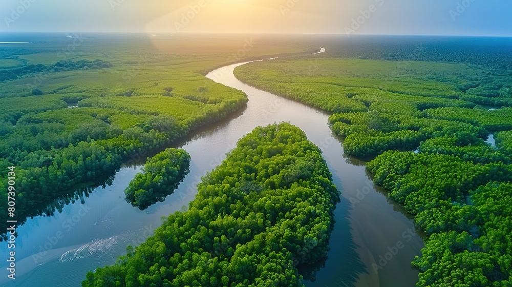Gambia Mangroves. Aerial view of mangrove forest in Gambia. Photo made by drone from above. Africa Natural Landscape. Gambia Mangroves. Aerial view of mangrove forest in Gambia. Photo made by drone from above. Africa Natural Landscape.