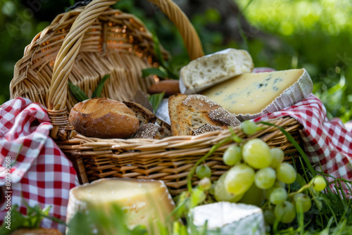 Picturesque picnic basket filled with an assortment of bread  cheese  and grapes  draped with a classic red and white checkered cloth  set against a lush green backdrop