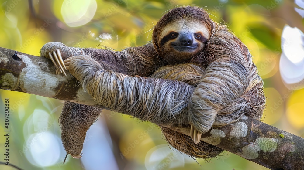 Obraz premium Cute sloth hanging on tree branch with funny face look, perfect portrait of wild animal in the Rainforest of Costa Rica scratching the belly, Bradypus variegatus, brown-throated three-toed sloth,