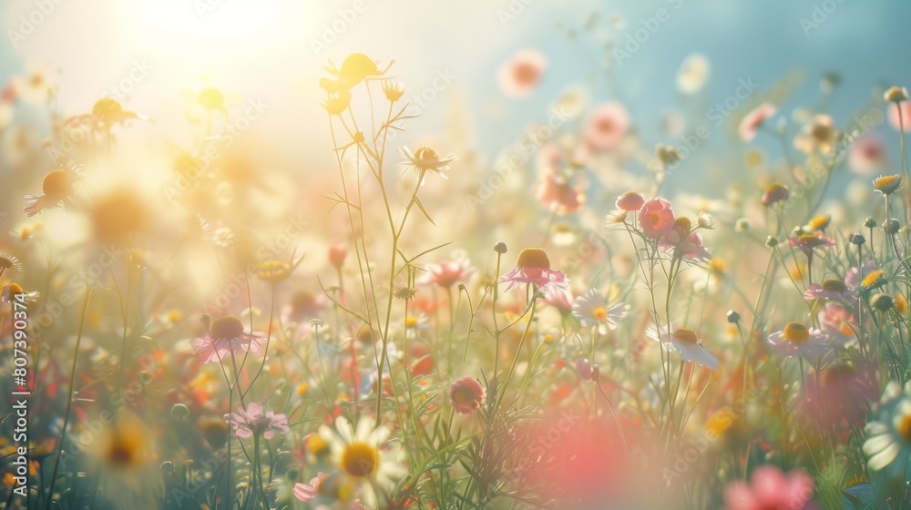 Vibrant field brimming with colorful flowers, bathed in the warm glow of the sun, background