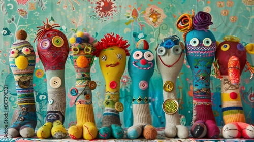 a collection of sock puppets made from upcycled old socks each character uniquely decorated with buttons and yarn