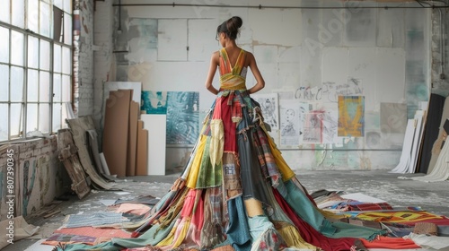photograph of a unique garment made from upcycled fabric scraps photo