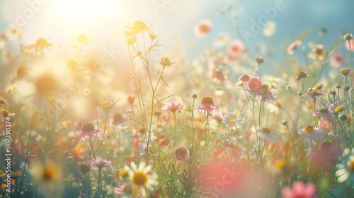Vibrant field brimming with colorful flowers  bathed in the warm glow of the sun  background