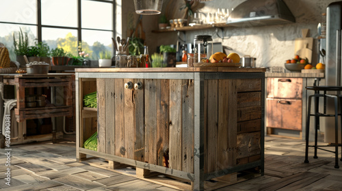 a rustic kitchen island constructed from recycled crates