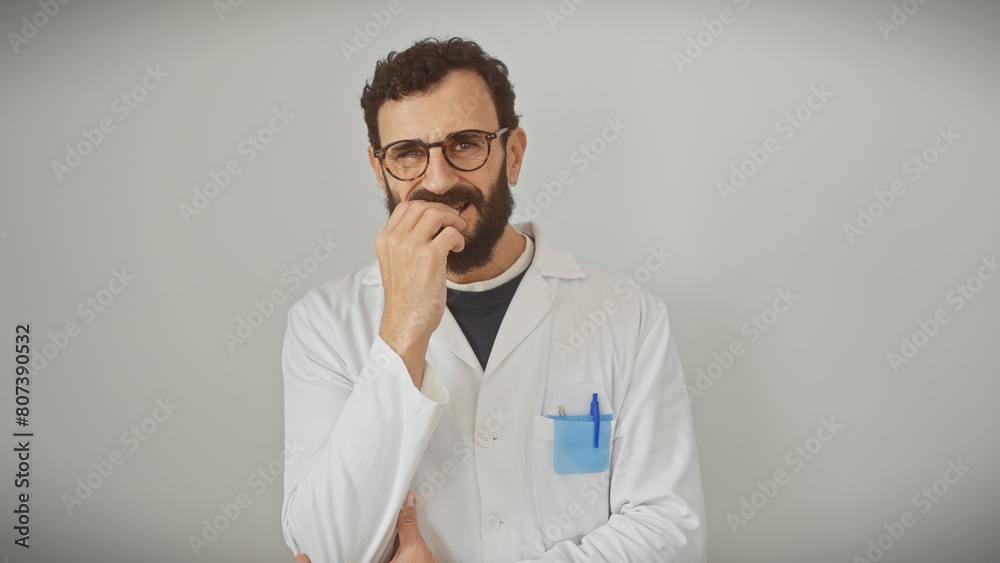 Pensive bearded man in white lab coat with glasses standing against a white background.