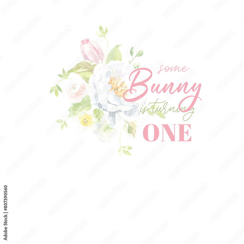 Bunny is turning one, floral arrangement, pale, delicate colors, spring easter botanical frame, tulip, peony, baby shower, invitation, greeting card design template printable art, soring easter flower