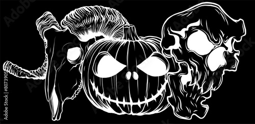 white silhouette of halloween pumpkins with ram and human skulls on black background