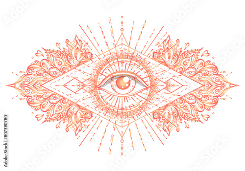 Sacred geometry symbol with all seeing eye over in acid colors. Mystic, alchemy, occult concept. Design for indie music cover, t-shirt print, psychedelic poster, flyer. Astrology, esoteric, religion.
